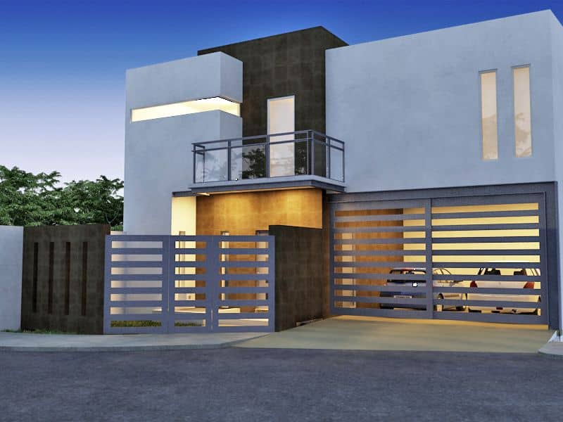 fachada de casa de dos pisos minimalista moderna con cantera